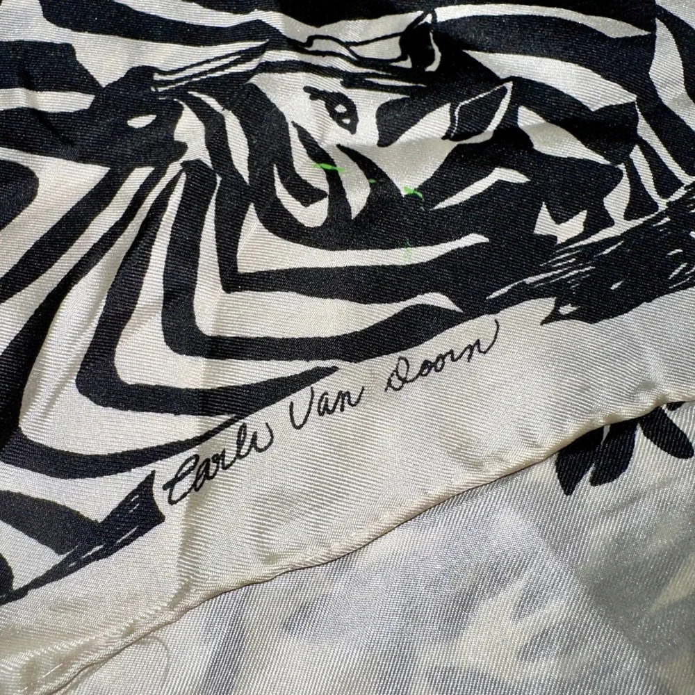 Forsum‎ Vintage Silk Scarf Earle Van Doorn Zebra Print Black White Japan 11x82